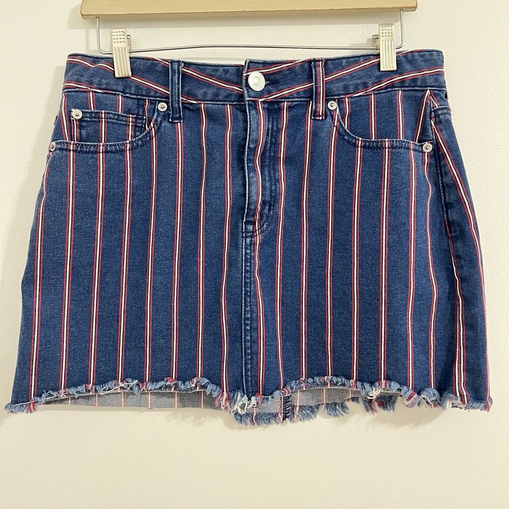 American Eagle‎ Hi Rise Mini Denim Skirt Size 10 Blue Red Striped Frayed Hem